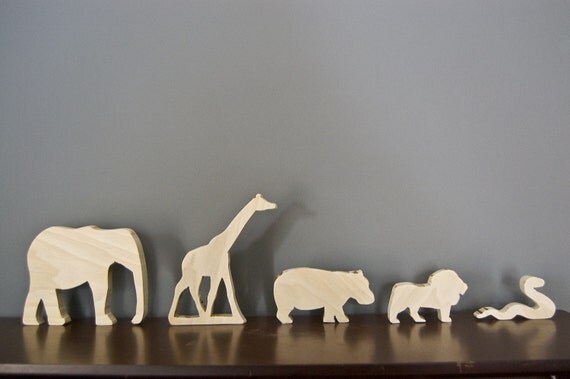 Wooden African Animal Set (Elephant, Snake, Giraffe, Lion, Hippo)