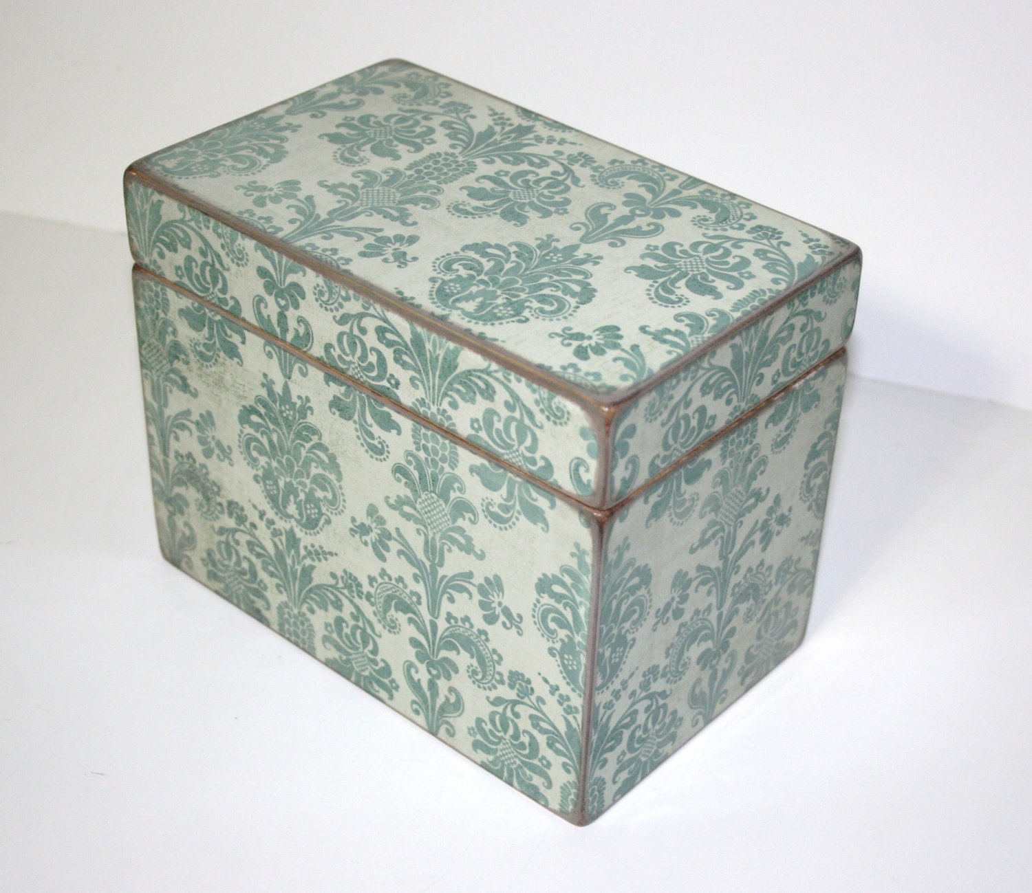 Recipe Box - Aqua and Gray Damask Handmade 4x6 Wooden Recipe Box or Wedding Guest Book Box
