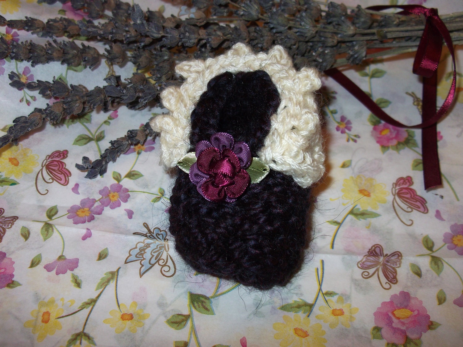 Organic Knitted Alpaca Wool Iridescent Purple Baby Girl Booties w/ Flower and Cream Bamboo Rosette Trim