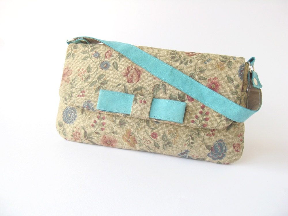 Floral pattern "Botticelli"  CLUTCH BAG  with turquoise  bow