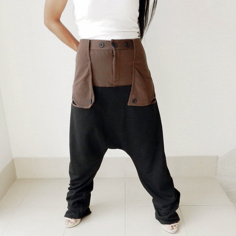 Trousers Gaucho, Ninja Pants Adjustable Waist,Unisex, Ribbed Cotton Two Tone,03.