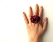 Red rose ring - statement jewelry, cranberry, garnet burgundy flower - adjustable gift for her, under 25 stocking stuffer, oxblood