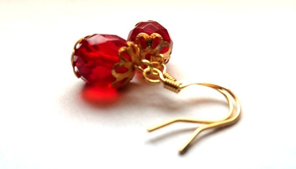 Red glass earrings - rich ruby red drops with vintage style gold settings