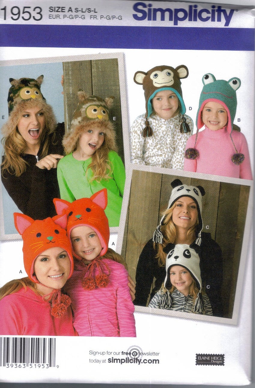 Child and Misses Hats , Cat, Owl, Panda, Monkey, Frog Craft Sewing Pattern  Simplicity 1953, FREE SHIPPING
