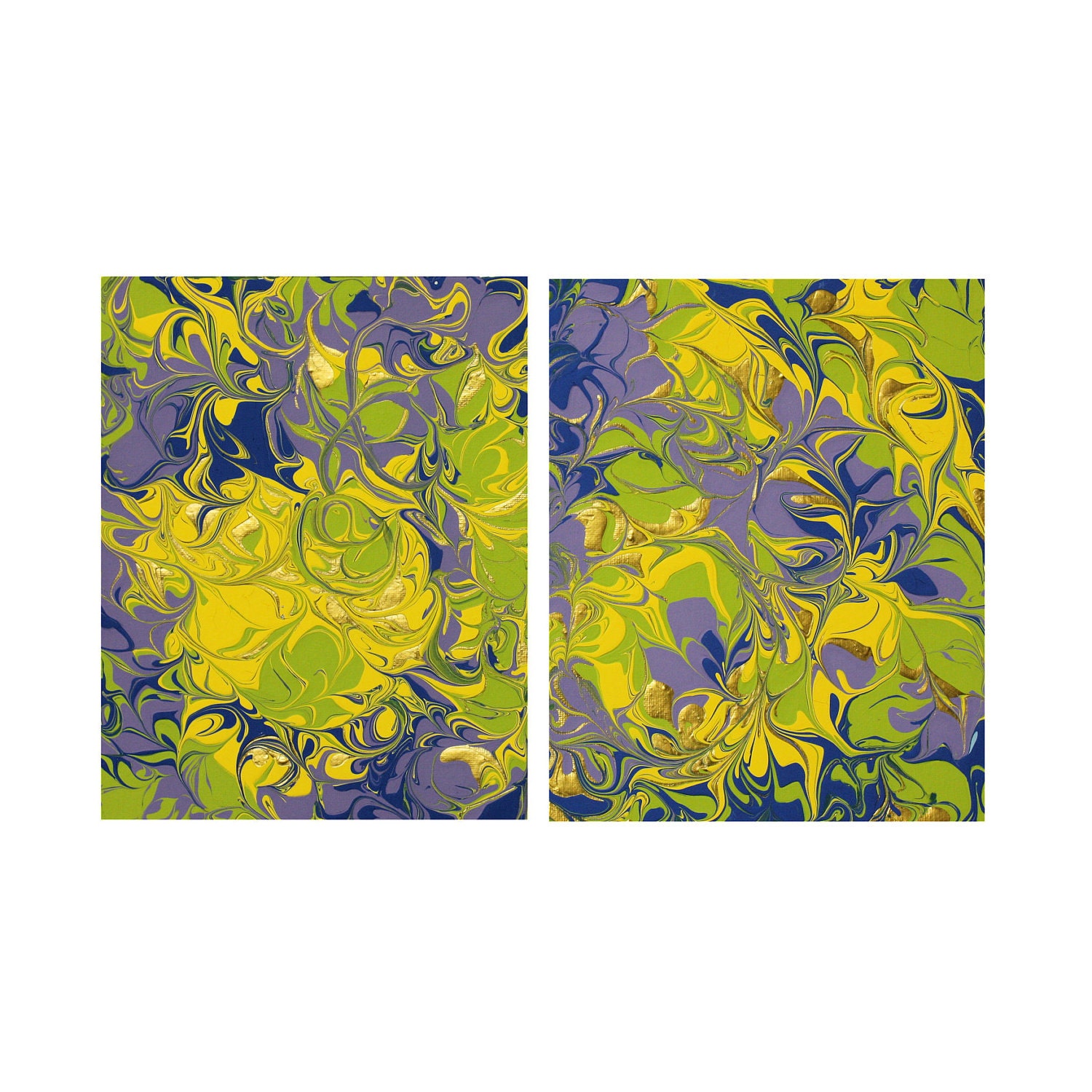 Gold, Yellow, Green, Blue & Lavender Abstract Art - Set of two 8x10 Acrylic Paintings - Free Shipping