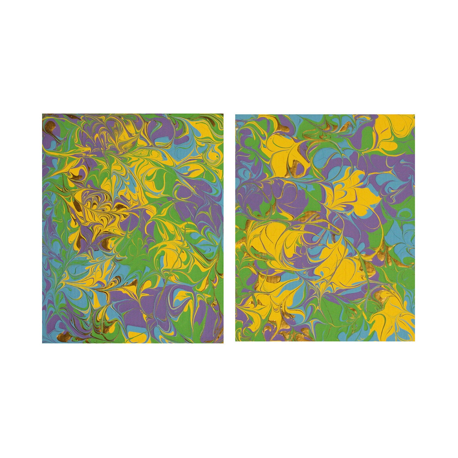 Blue, Yellow, Green, Purple & Gold - Set of two Abstract Art 8x10 Acrylic Paintings - Free Shipping