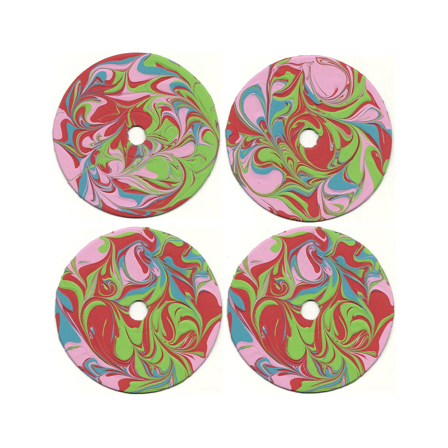 Pink, Red, Green, Blue Set of 4 Repurposed Coasters - Recycled & Upcycled Hand Painted Abstract Art CD's