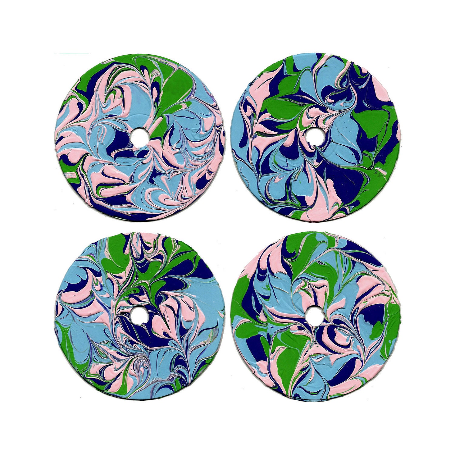 Set of 4 Recycled Repurposed Upcycled Painted CD Coasters - Sky Blue, Strawberry Pink, Purple & Lime Green