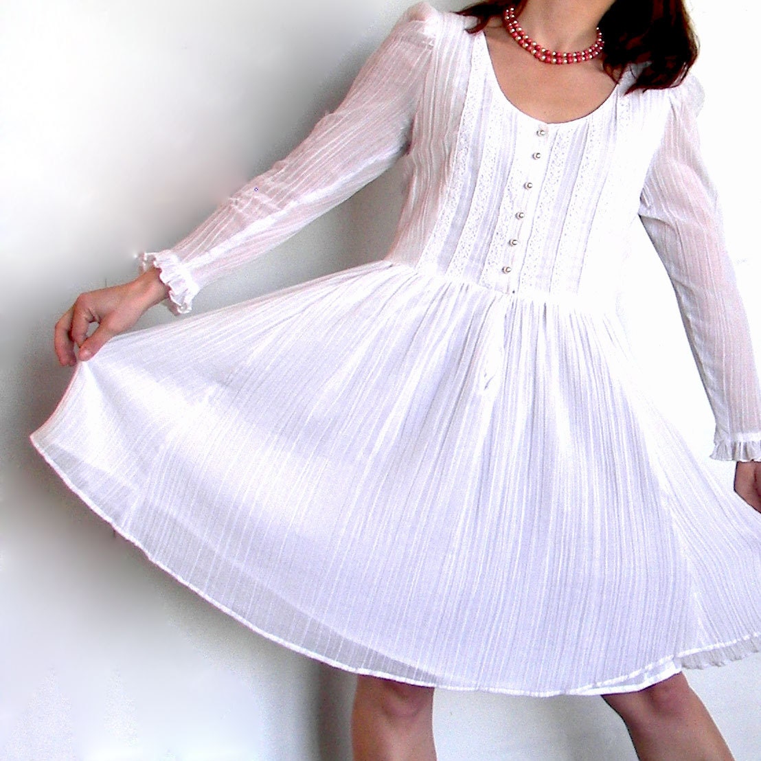 Vintage 1970's Bohemian Hippy White Dress with Pearl Buttons for Wedding or Spring Size M