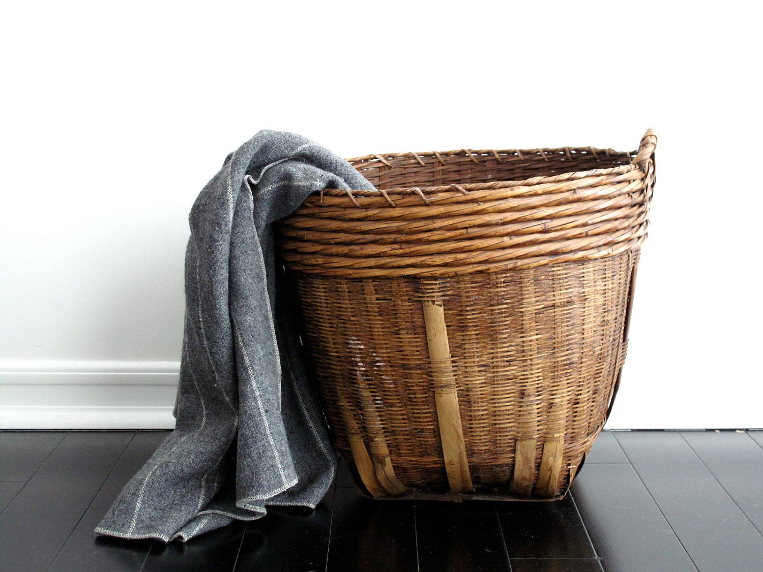 Large Woven Basket - Vintage Basket with Handles Rustic Storage, Laundry Basket, Planter
