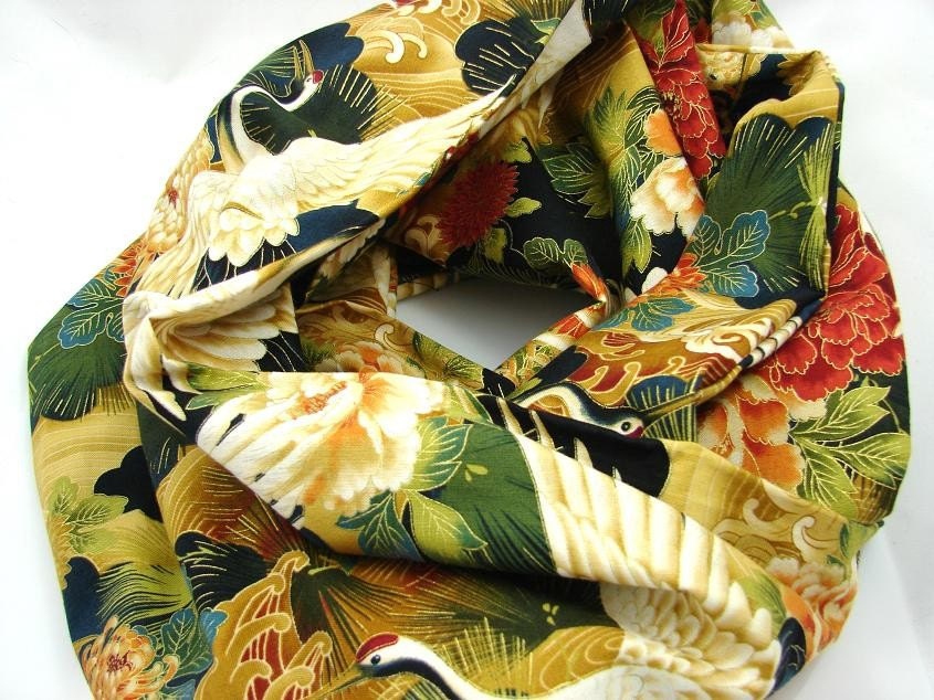 Free Shipping - Oriental Fabric Infinity Scarf - Rusty Brown - Japanese Crane Lotus Asian Classy - Mother's Day