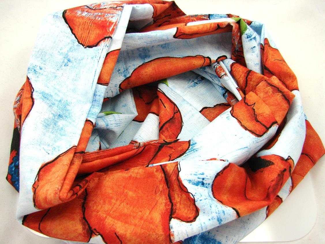 Free Shipping - Orange Poppy on Blue Fabric Infinity Scarf - OOAK - Exuberant Vibrant Out of Print Fabric - Valentine