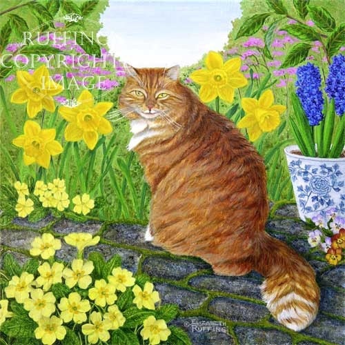 Orange Tabby Cat with Primroses and Daffodils 8.5 x 11 Giclee Fine Art Print Signed Elizabeth Ruffing - ruffings