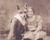 Fox Art, Mixed Media Collage Print, My Fox Boyfriend, Altered Antique Photograph, frighten