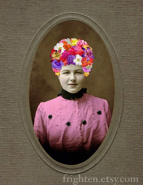 Colorful Flower Art, Mixed Media Collage Print, Easter Bonnet, Altered Antique Portrait, frighten