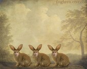 Mixed Media Collage Print, Bunny Garden, Trio of Anthropomorphic Rabbits, Easter Art