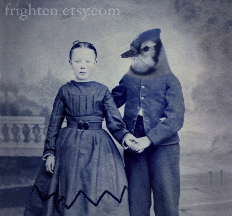Blue Bird Art Print, Mixed Media Collage Print, Blue Jay, 8x10 Altered Antique Portrait, frighten