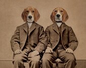 Dog Art Print, Mixed Media Collage Print, Beagle Boys, 8 x 10 Altered Antique Family Portrait of Twin Brothers, frighten
