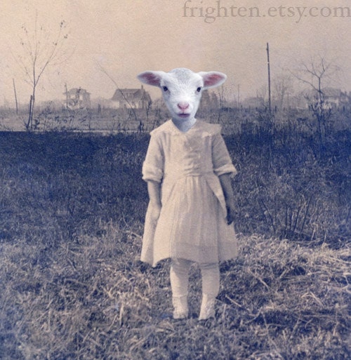 Lamb Art Print, The Farmer's Daughter, Altered Vintage Photo