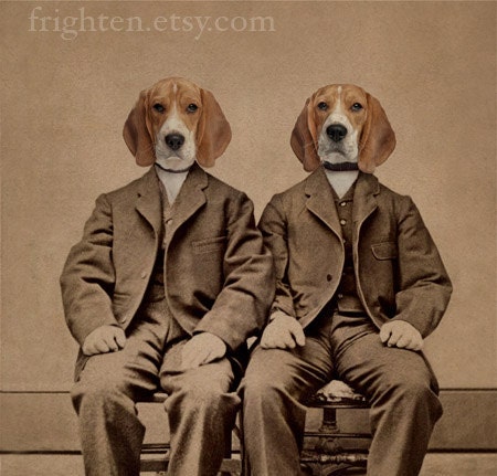 Beagle Dog Art, Mixed Media Collage Print, Beagle Boys, Altered Antique Family Portrait of Two Twin Brothers, frighten