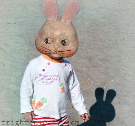 Rabbit Mask Digital Collage Print, Mixed Media Collage Print, I Like Carrot, 8x10 Easter Decor, frighten