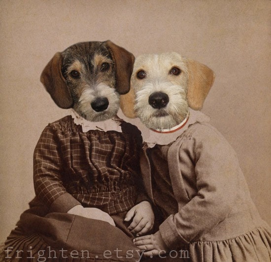 Dog Art Print, Trixie and Lola, 8x10 Altered Vintage Portrait of Sisters, frighten