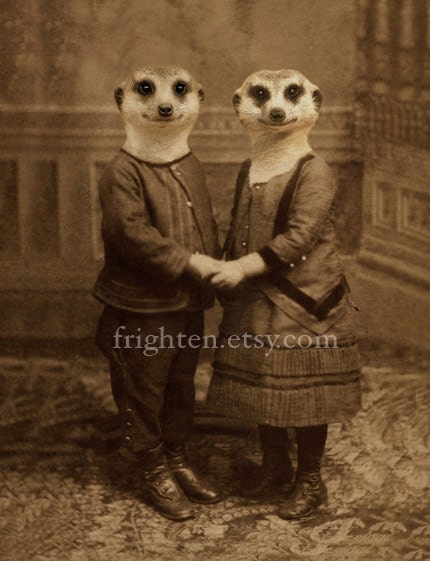 Meerkat Art, Mixed Media Collage Print, The Meerkats, Sepia Altered Antique Childrens Portrait, frighten