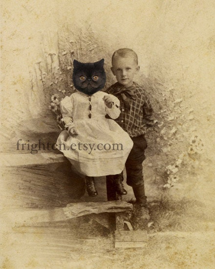 Persian Cat Art Print, My Sister Was a Cat, Mixed Media Collage Print, 5x7 Altered Antique Portrait of Brother and Sister, frighten