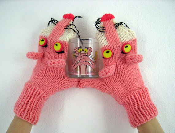 Hand knit Pink Panther mittens gloves with polymer clay buttons