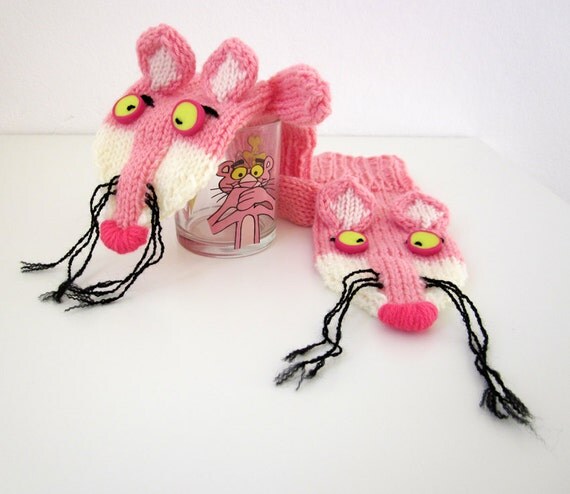 Hand knit Pink Panther mittens gloves with polymer clay buttons