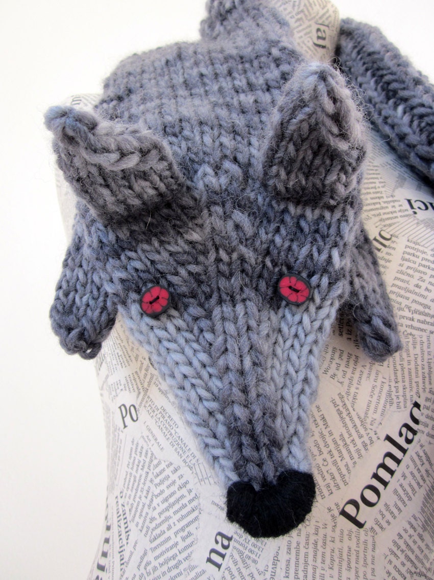 Hand knit wolf scarf in grey black with polymer clay buttons