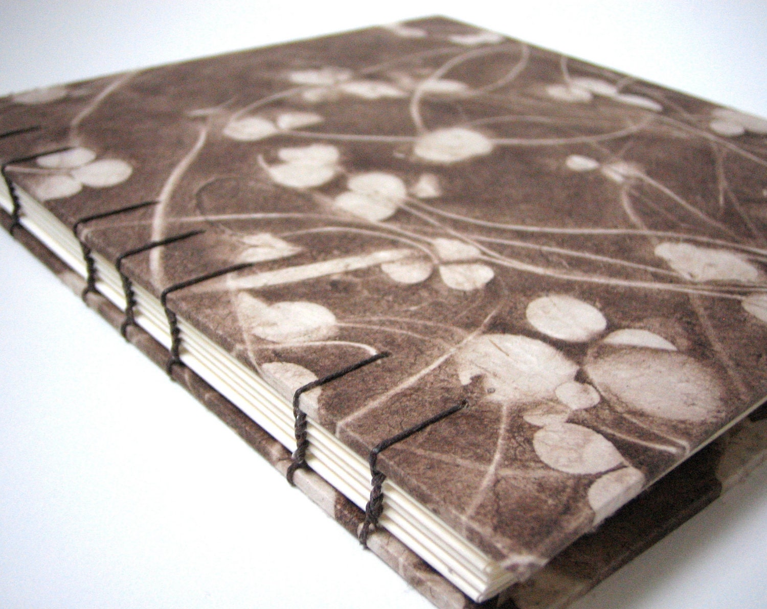 Brown Guest Book / Sketch Book - Hand Bound Book with Coptic Stitch Binding, Floral, Blank Pages, Wedding Guest Book, Made to Order