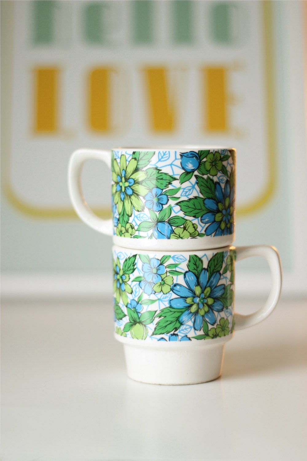 Two Vintage Mugs - Stacking Retro Set of Mugs - Blue and Green Floral Stacking Cups - Mug Set