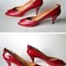 Vintage Pappagallo Shoes - Peep Toe Red Heels with Bows - Classic Womens Red Stiletto 3 inch Heels - Made in Spain - Size 9 1/2 N