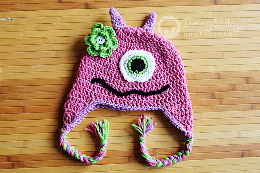 Monster Hat with Earflaps Any Size any colors Great for photo prop boy or girl FREE SHIPPING