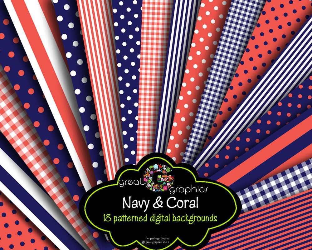 Coral and Navy Digital Paper, Coral Paper, Navy and Coral, Coral Digital Paper, Coral Navy, Instant Download Il_170x135