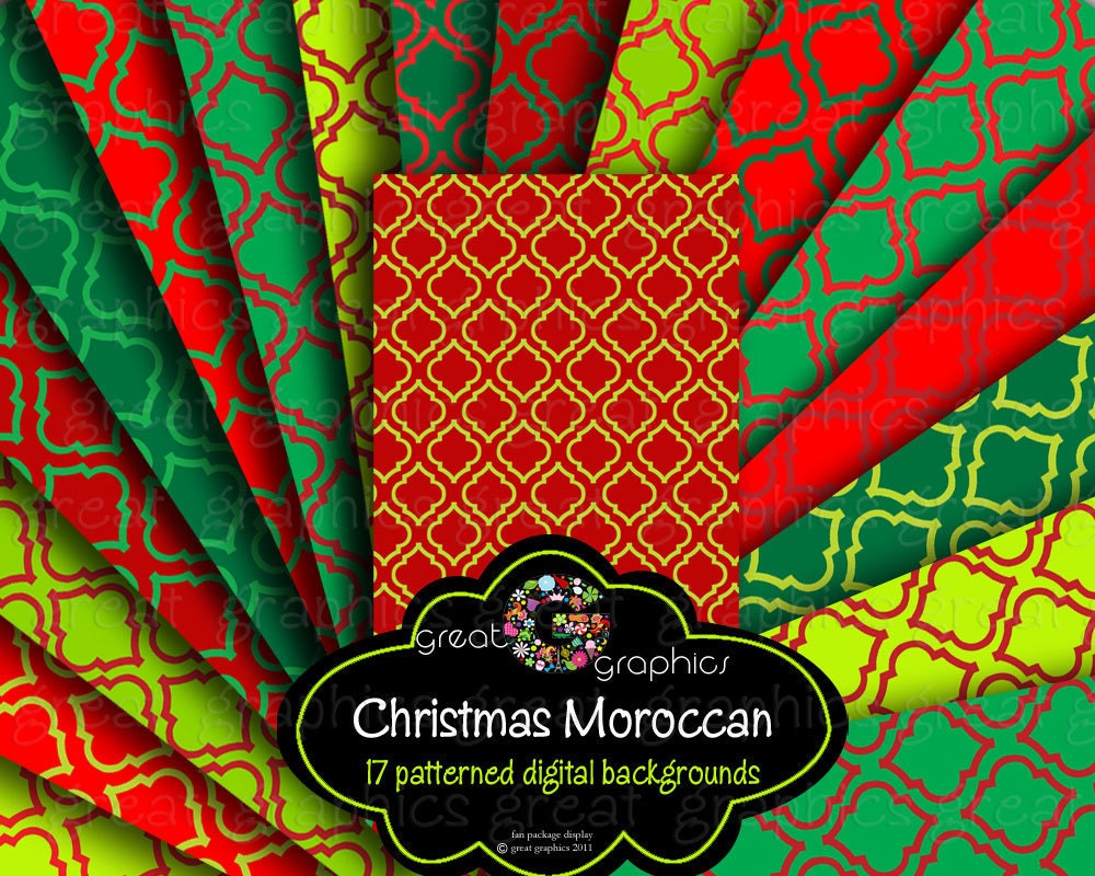 Christmas Background Moroccan Pattern Digital Backgrounds, Christmas red green patterned digital background sheets Il_170x135