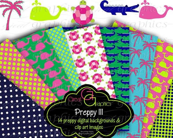 Printable Preppy Paper Preppy Alligator Whale Palm Tree Clip Art Digital Paper Printable Clipart - Instant Download Il_570xn