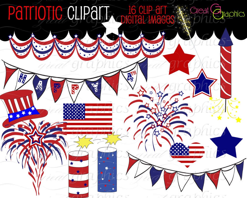 4th of July Digital Clip Art July 4th Clipart Printable Independence Day Digital Party Clip Art Red White and Blue - Instant Download Il_570xn