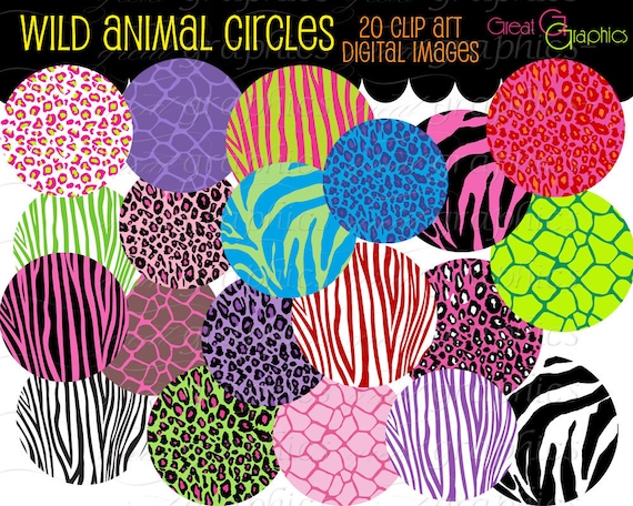 Wild Animal Circle clip art, digital clip art circle tags, set of 20 printable circle tags, zebra giraffe leopard prints
