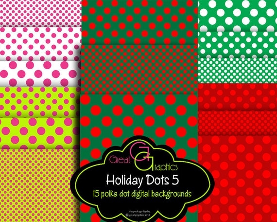 Polka Dot Christmas backgrounds, set 5, printable polka dot holiday digital backgrounds, 3 dot sizes forest green red lime hot pink Il_570xn