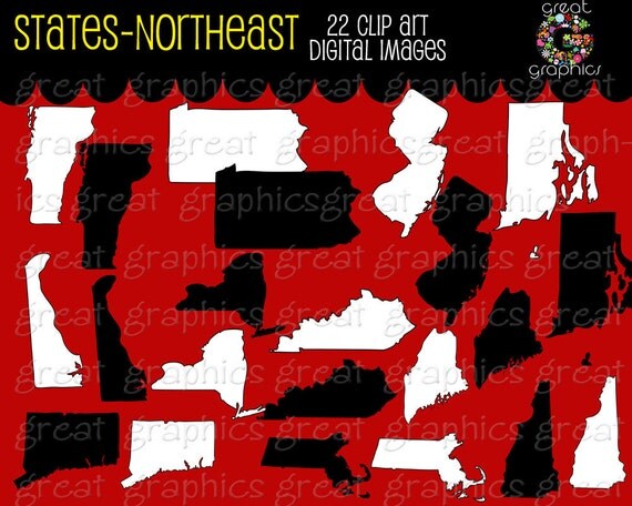 State Clip Art, Map Clip Art, Digital Map, New York, New Jersey, Connecticut, Maine, Kentucky, Pennsylvania, Massachusetts Il_570xn