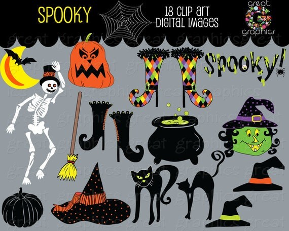 Halloween Clip Art, printable halloween clipart, clip art witch boots, cat, skeleton, witches hat, spooky halloween clip art Il_570xn