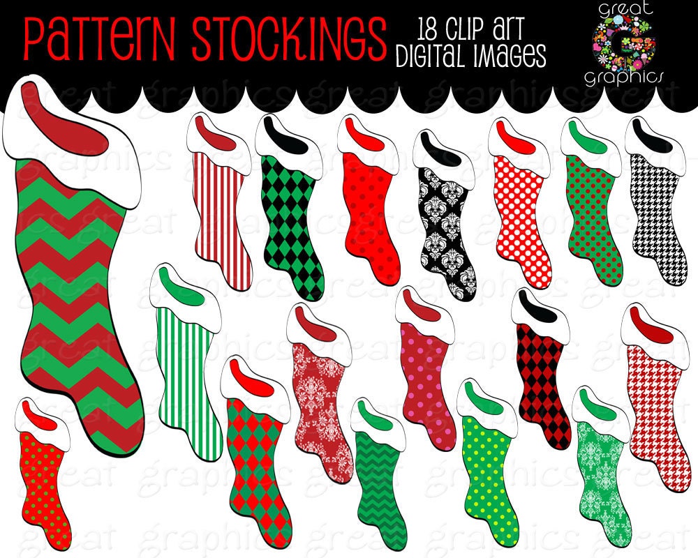 Christmas Stocking clip art, printable Christmas clip art, digital Christmas patterned stocking clipart images, stocking clip art Il_570xn