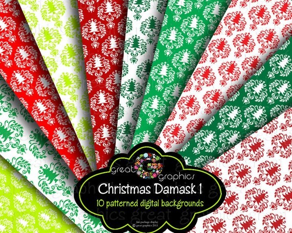 Christmas Paper Digital Christmas Paper Red and Green Damask Pattern Digital Paper Christmas Card Paper - Instant Download Il_570xn