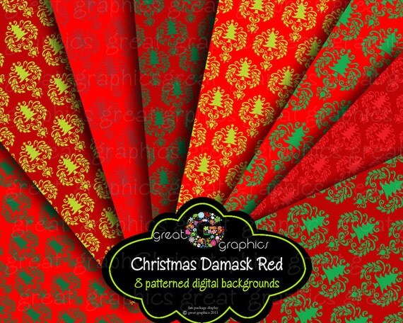 Christmas backgrounds, digital Christmas damask background in red, printable damask Backgrounds sheets, red backgrounds Il_570xn