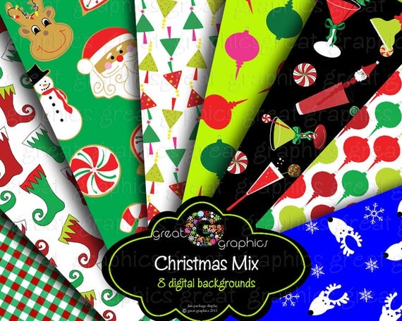 Christmas Digital Paper Printable Christmas Paper Holiday Digital Paper Christmas Trees Cocktails Santa Stockings - Instant Download Il_570xn