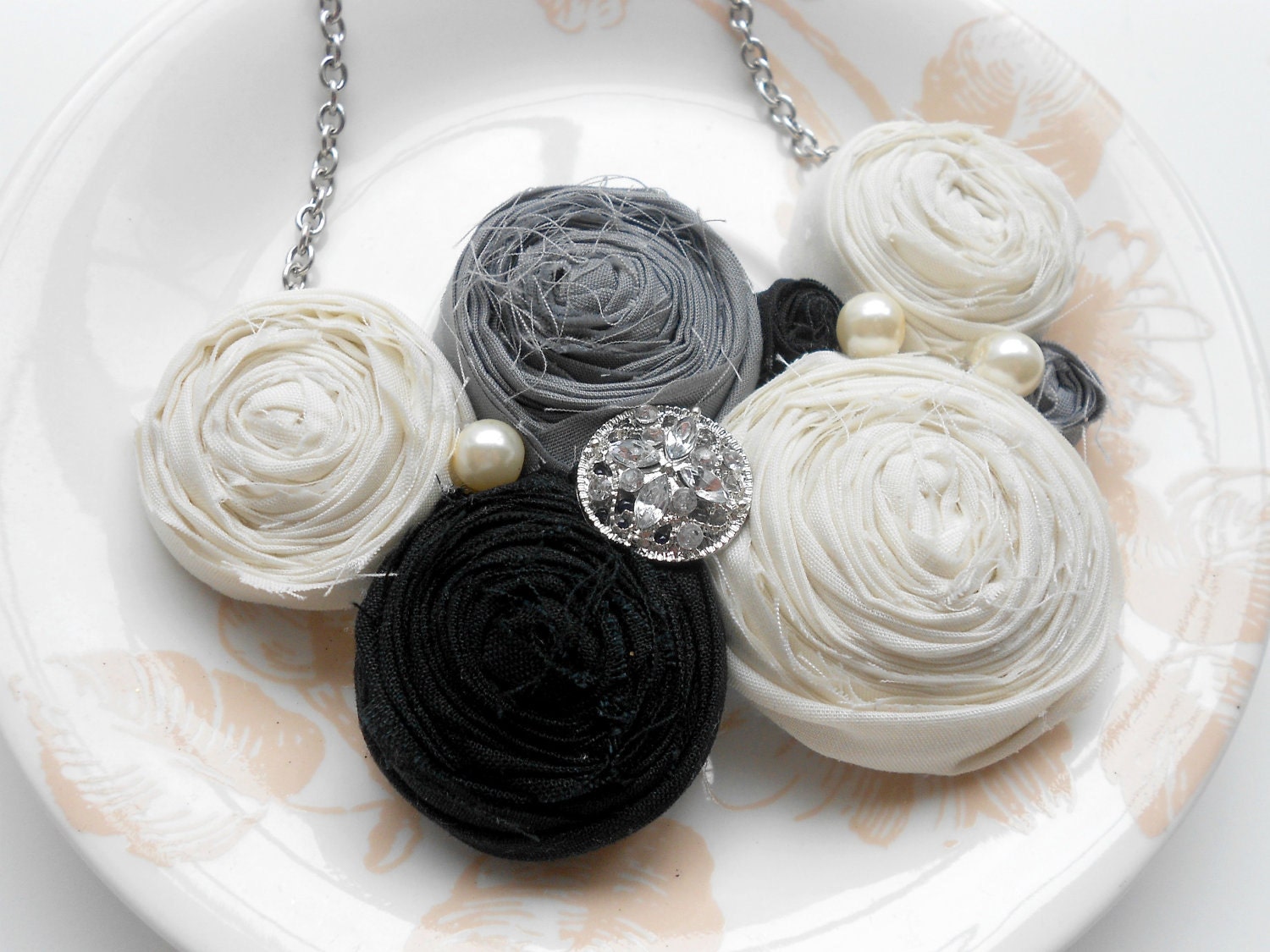 Fabric flower rolled rosette necklace black gray and while with pearls and crystal gem