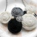 Fabric flower rolled rosette necklace black gray and while with pearls and crystal gem