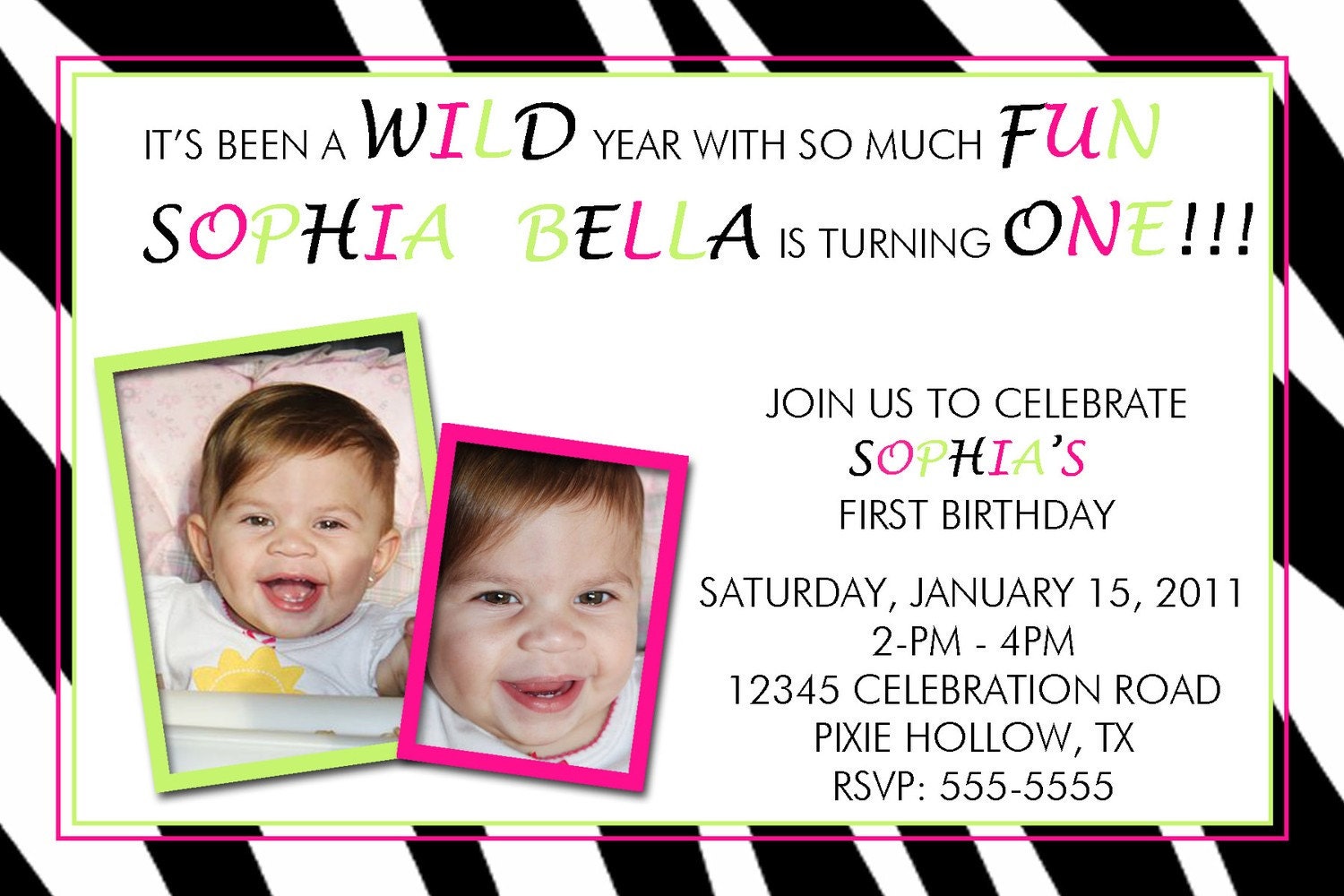 Zebra Hot Pink & Lime Green Birthday Invitation Il_170x135